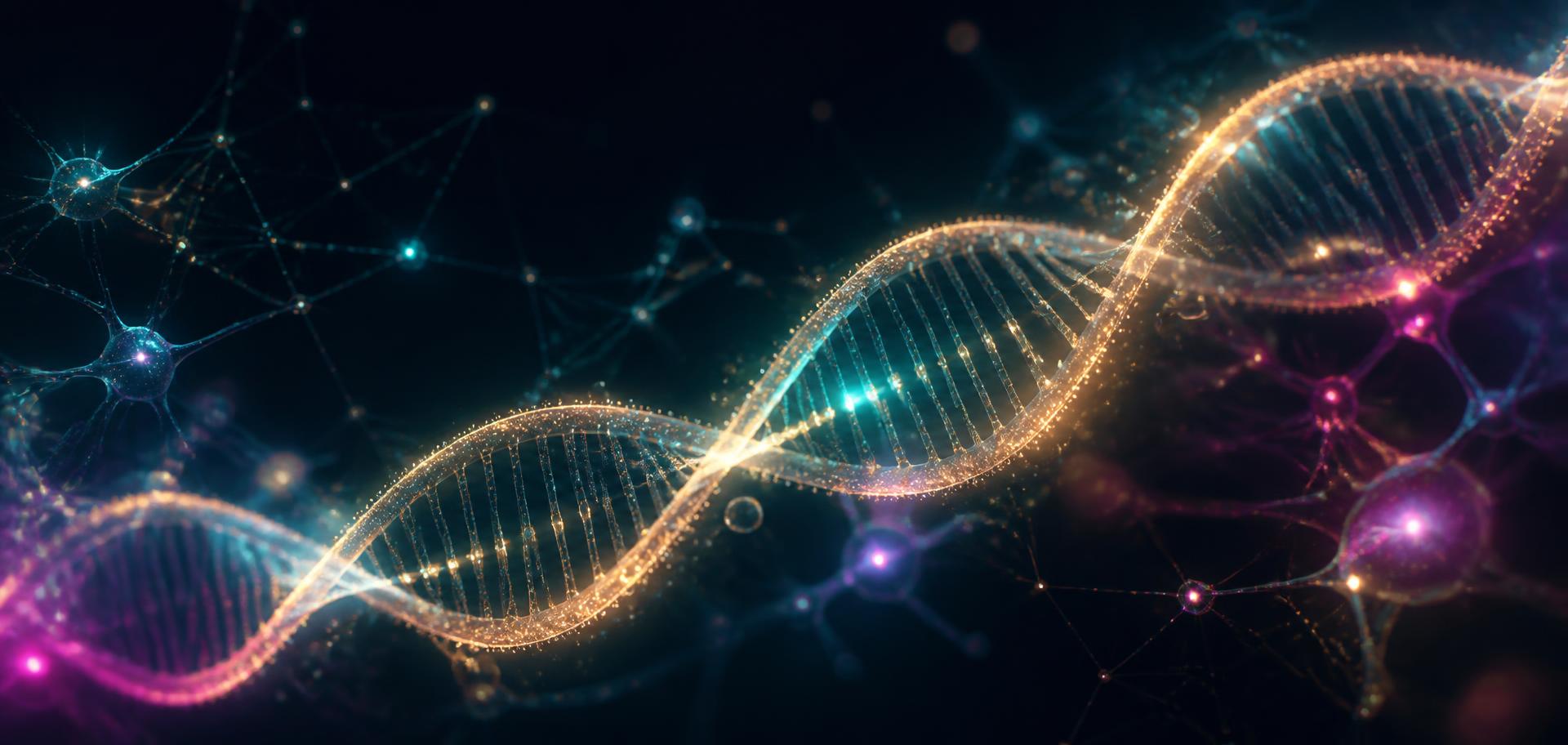 Glowing futuristic DNA helix connected to a neural network of light